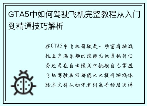 GTA5中如何驾驶飞机完整教程从入门到精通技巧解析